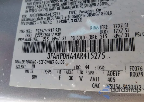 2010 Ford Fusion Se from USA, damaged, VIN 3FAHP0HA4AR415275